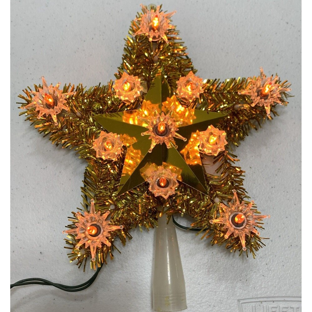 Vintage Lighted Star Tree Topper Christmas Gold Tinsel MCM 8”